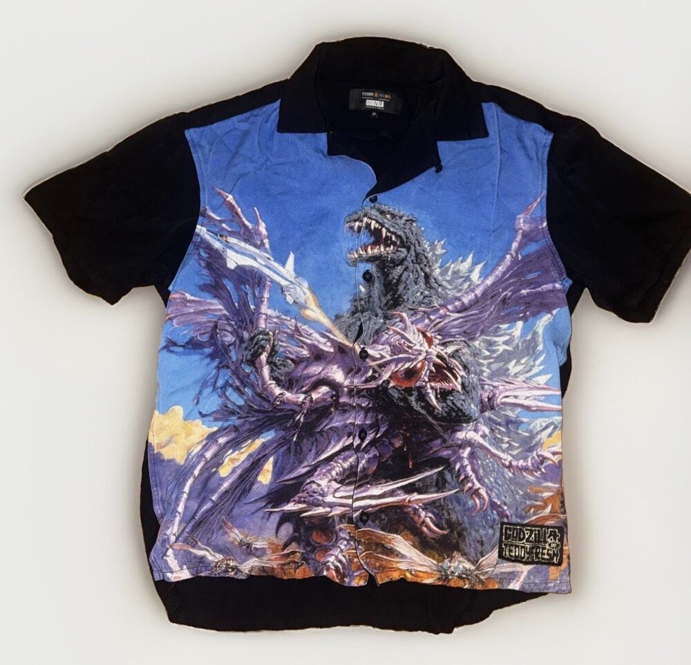 Teddy Fresh x Godzilla Shirt Mens Medium Black Camp Button Up Graphic 22x24